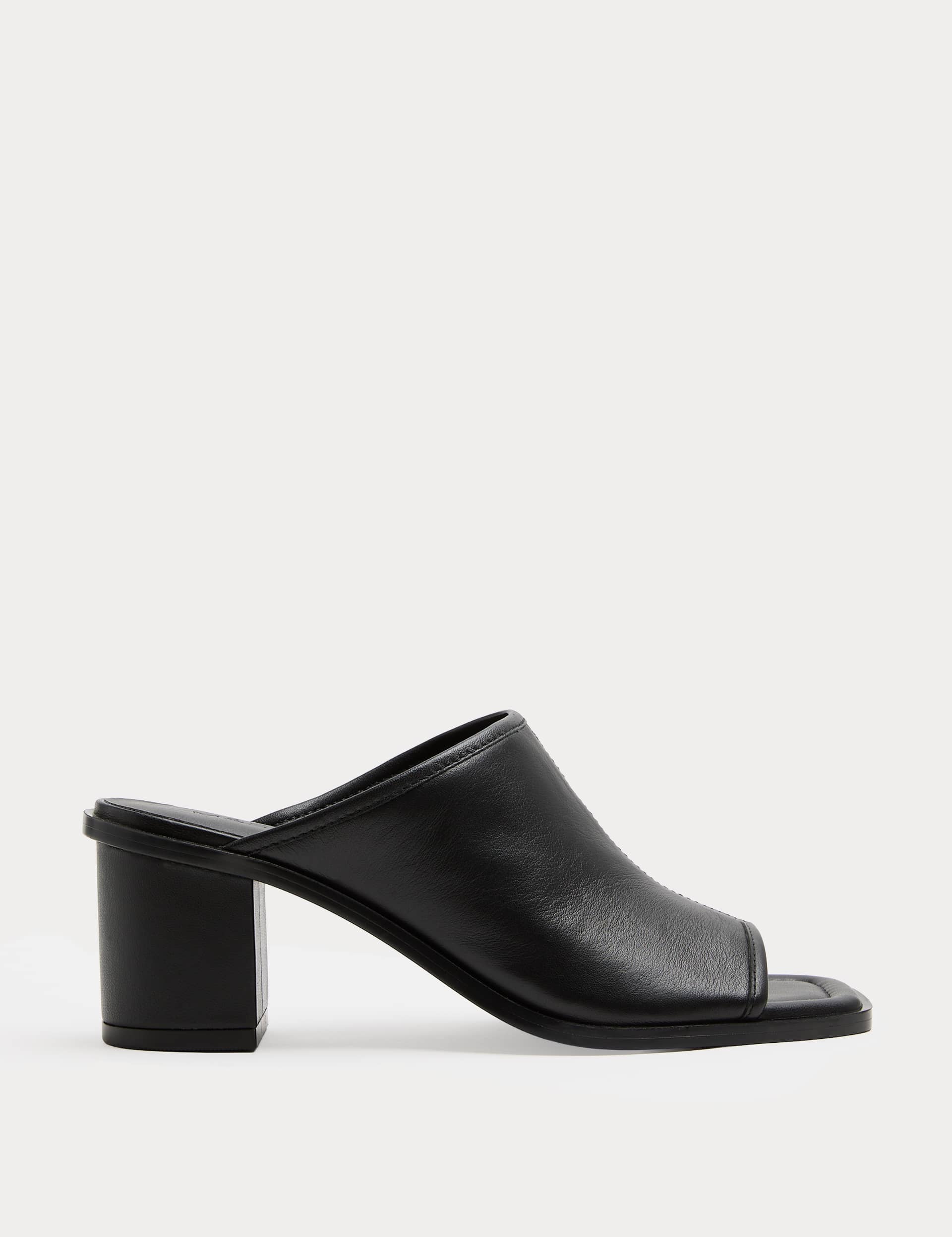Leather Block Heel Peep Toe Mules