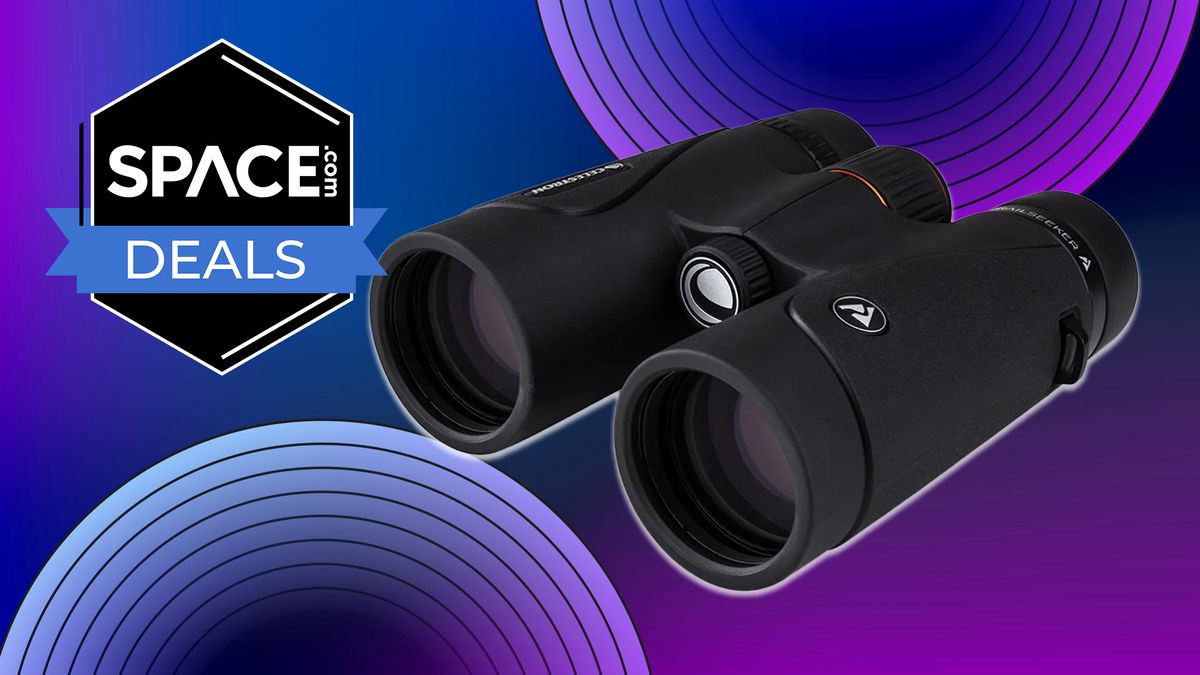 Celestron TrailSeeker binoculars on a purple space.com background with a deals icon