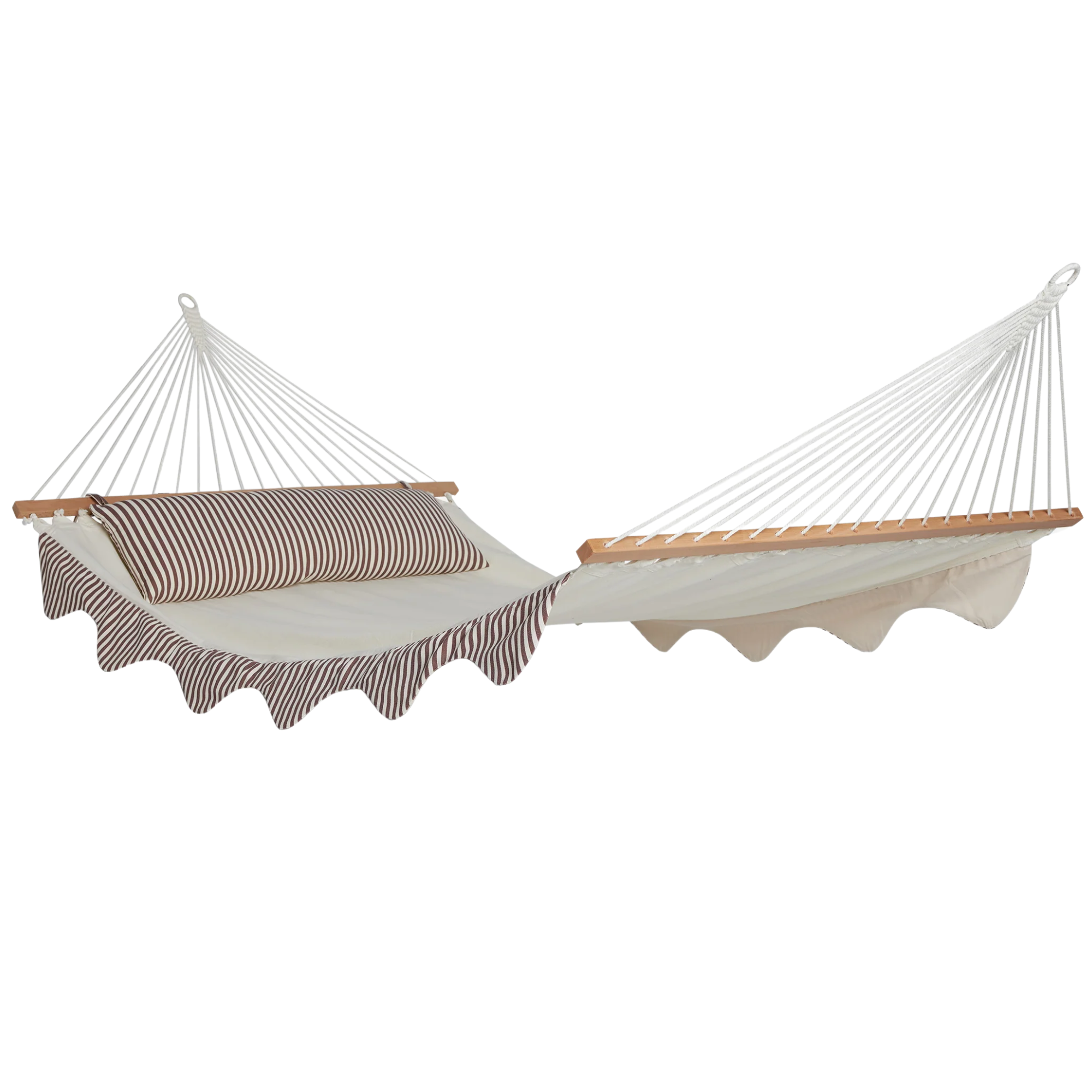 a hammock with scalloped trim and red and white stripes