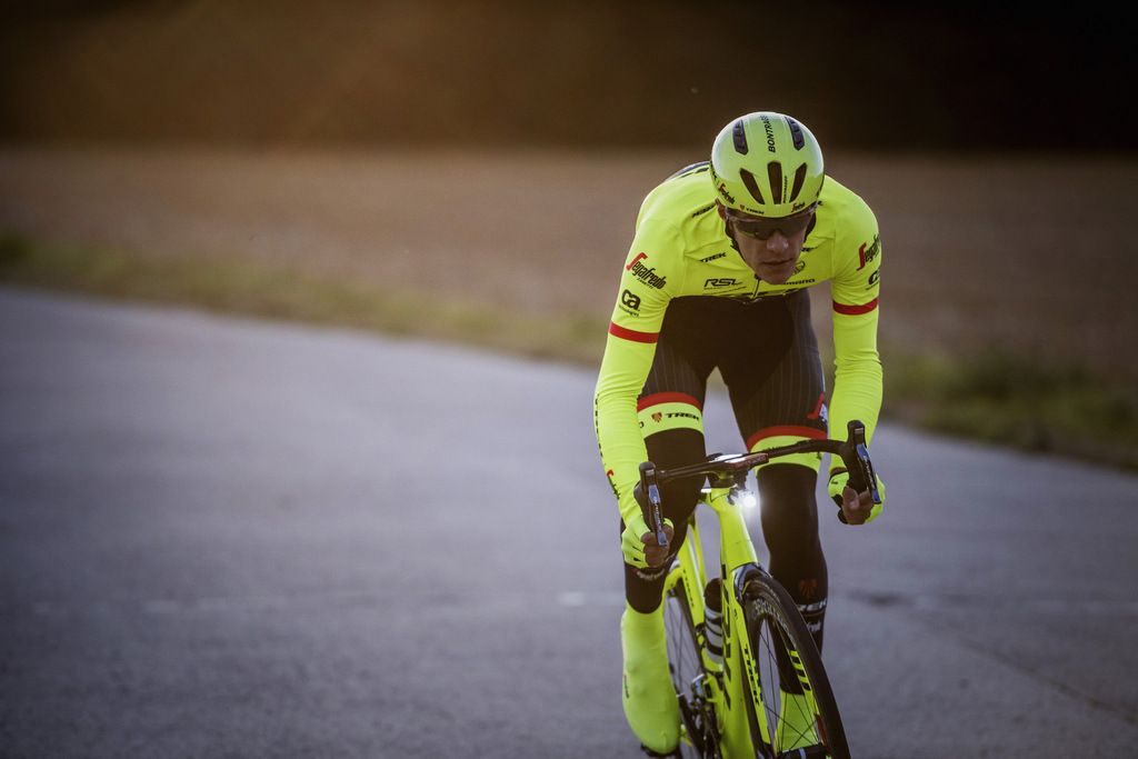 The high-vis kit as modelled by Jasper Stuyven in the dawn light