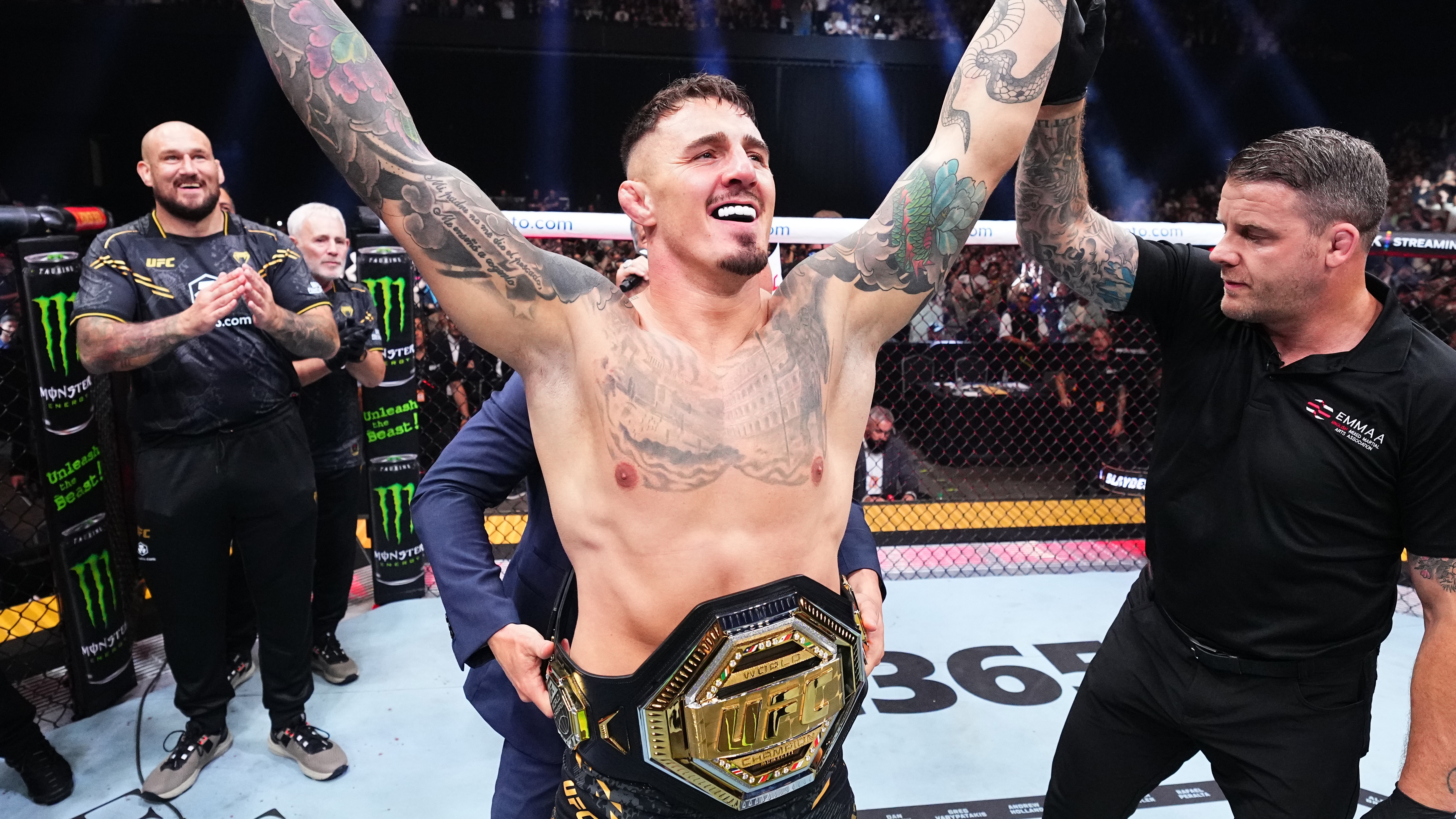 Tom Aspinall of England reacts after his knockout victory against Curtis Blaydes in the interim UFC heavyweight championship bout during the UFC 304 event at Co-op Live on July 27, 2024 in Manchester, England.