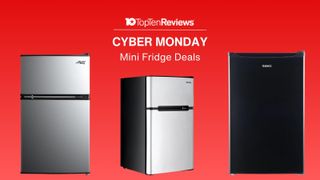 Three mini fridges on red gradient background with text: Top Ten Reviews CYBER MONDAY Mini Fridge Deals