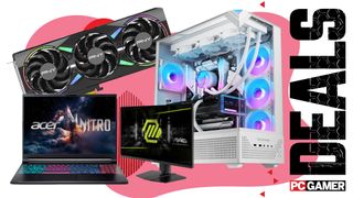 A collage of gaming PCs and peripherals/components, against a colorful background, with the phrase 'Deals' and a PC Gamer logo