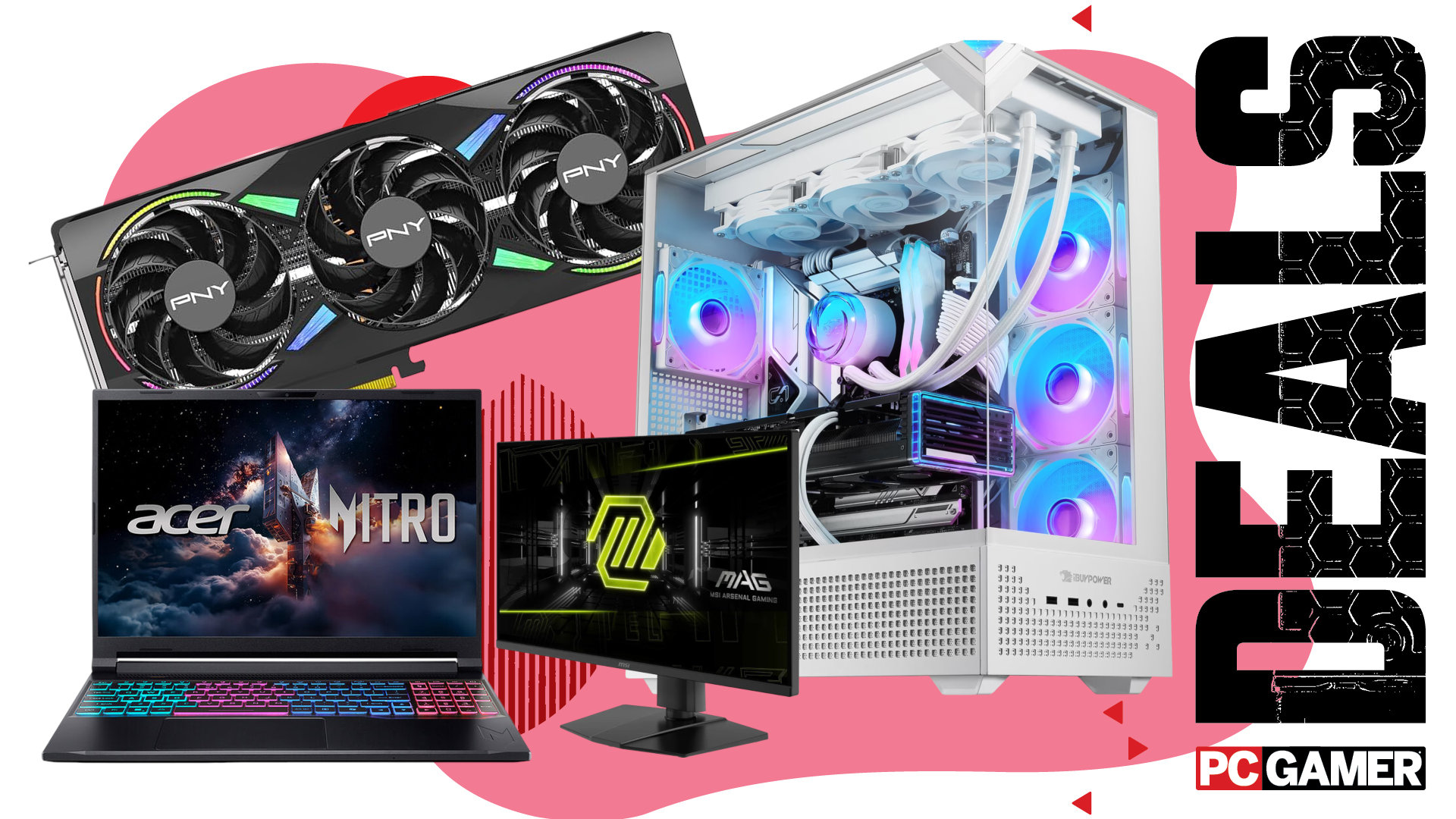 A collage of gaming PCs and peripherals/components, against a colorful background, with the phrase 'Deals' and a PC Gamer logo