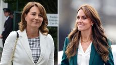 Composite of Carole Middleton arriving at Wimbledon 2017 and Kate Middleton visiting AW Hainsworth in 2023