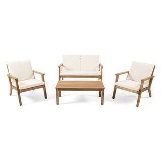 Sasha Outdoor Acacia Wood 4 Seater Chat Set With Cushions, Brown Patina, Cream