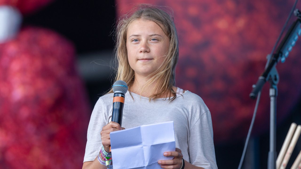 reta Thunberg speaks to the crowd from the main Pyramid Stage at the 2022 Glastonbury Festival during day four of the Glastonbury Festival at Worthy Farm