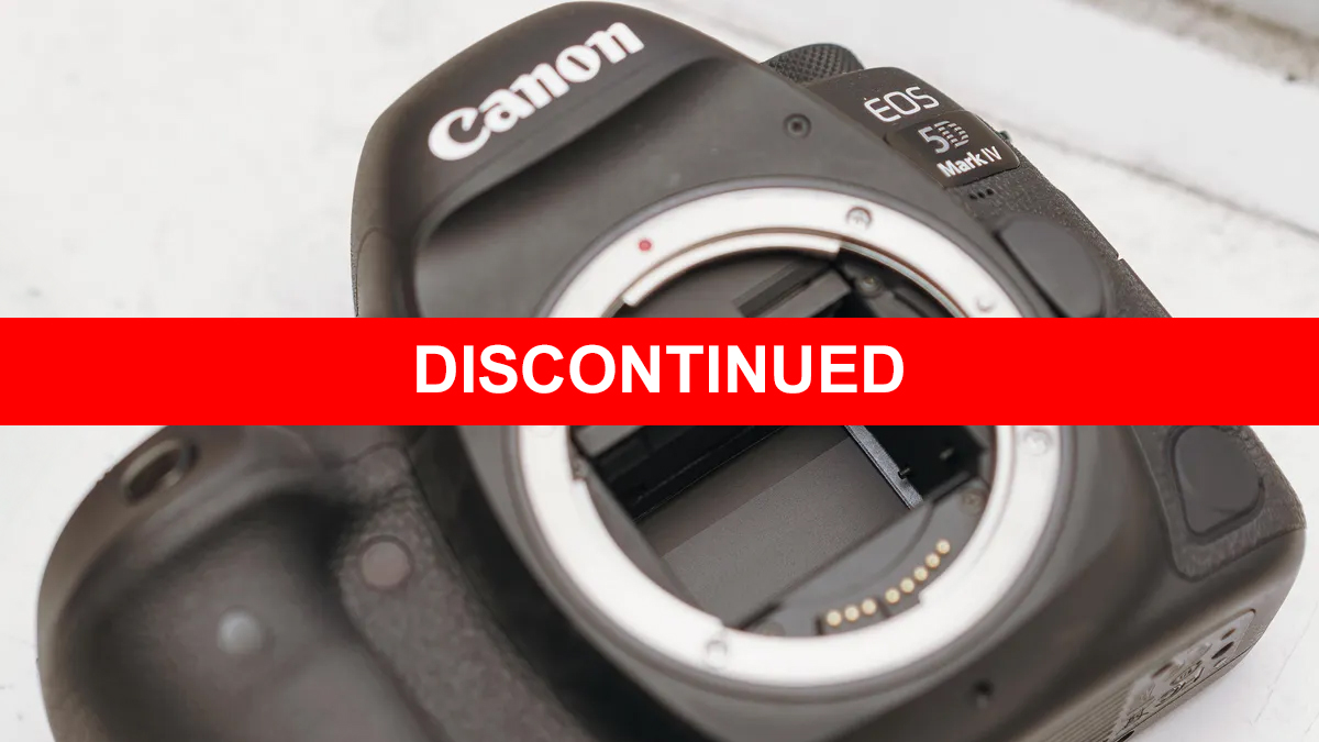Canon EOS 5D Mark IV camera body shown on a white surface. A bold red banner with white text "DISCONTINUED" is overlaid across the image