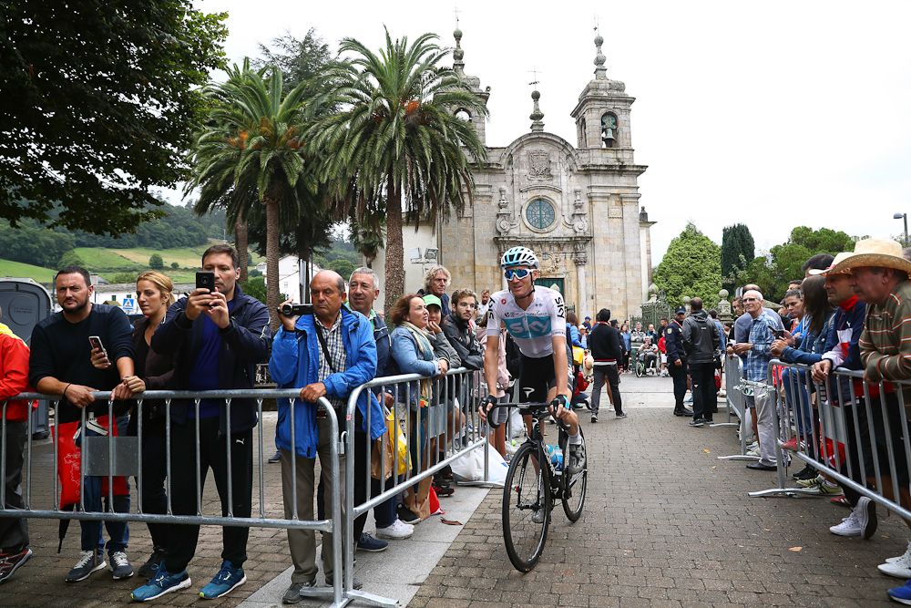 Salvatore Puccio rides to the start of stage 12 at the Vuelta