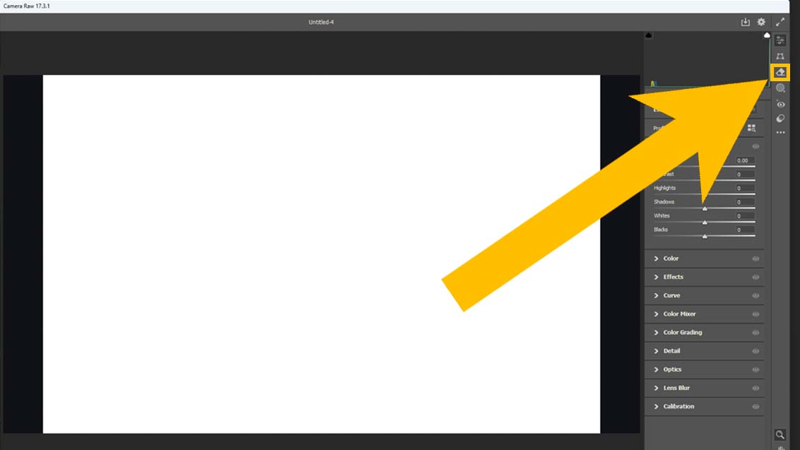 Photoshop's Camera Raw Filter window with a yellow arrow pointing to the Remove icon in the top right corner.