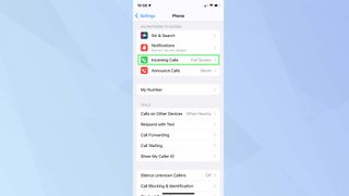 Screenshot showing iOS 15 Settings app with "full screen" selected on "incoming calls" menu