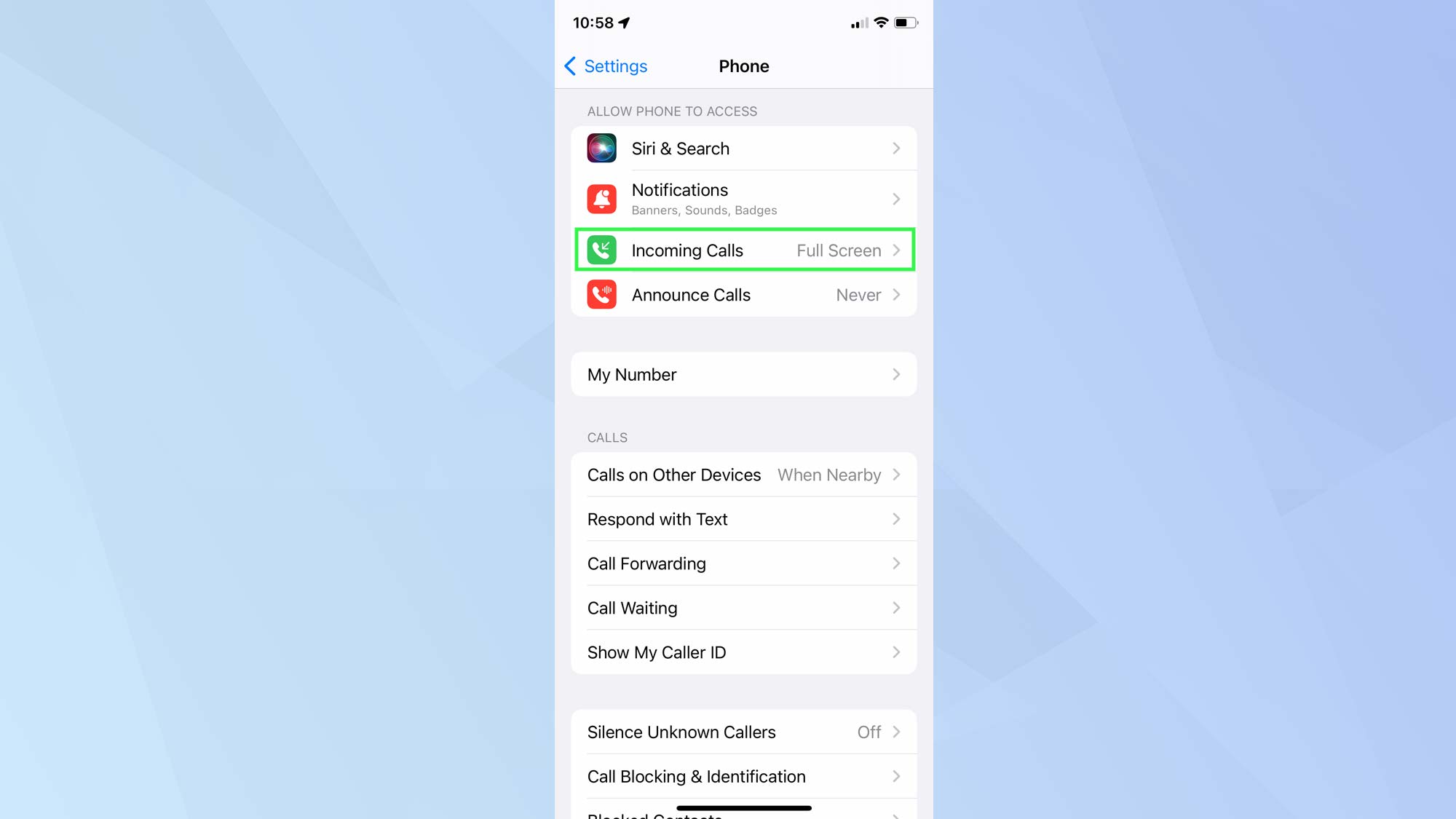 Screenshot showing iOS 15 Settings app with "full screen" selected on "incoming calls" menu
