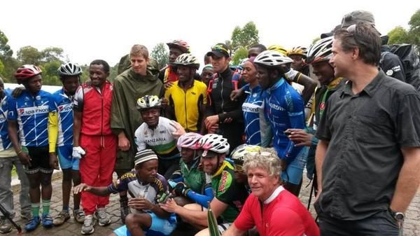 Local cyclists pose with the Tinkoff-Saxo riders before their climb of Kilimanjaro