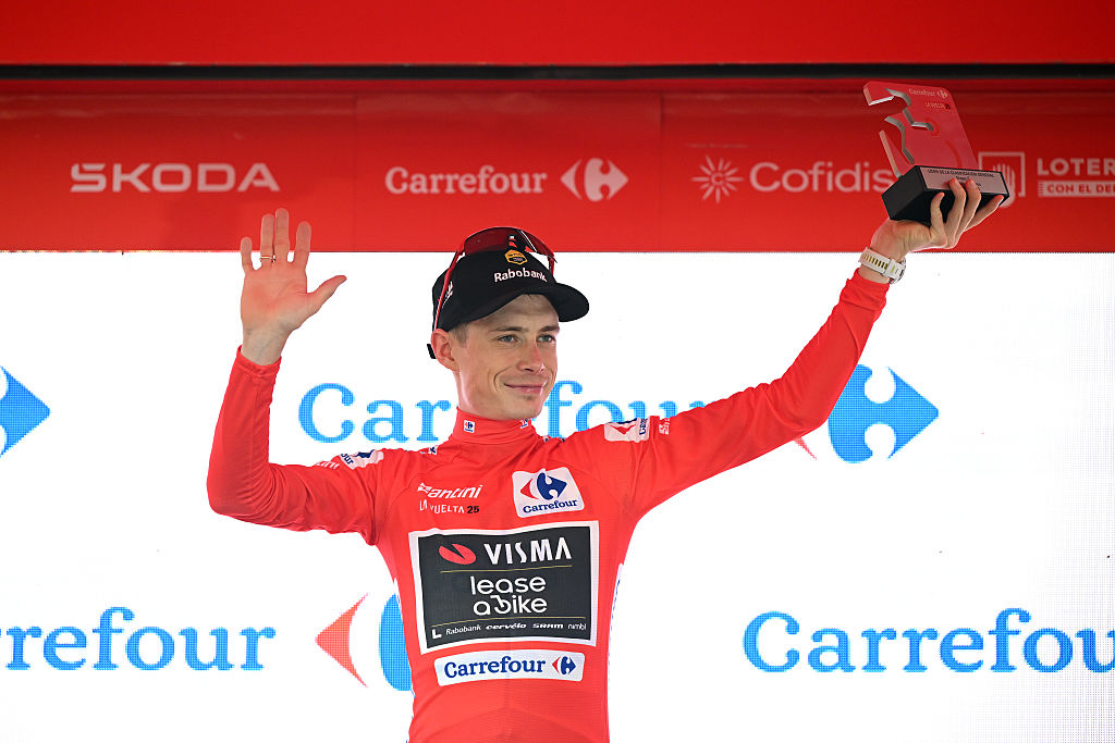 FIGUERES, SPAIN - AUGUST 27: Jonas Vingegaard of Denmark and Team Visma | Lease a Bike celebrates at podium as Red Leader Jersey winner during the La Vuelta - 80th Tour of Spain 2025, Stage 5 a 24.1km team time trial stage from Figueres to Figueres / TTT / #UCIWT / on August 27, 2025 in Figueres, Spain. (Photo by Dario Belingheri/Getty Images)