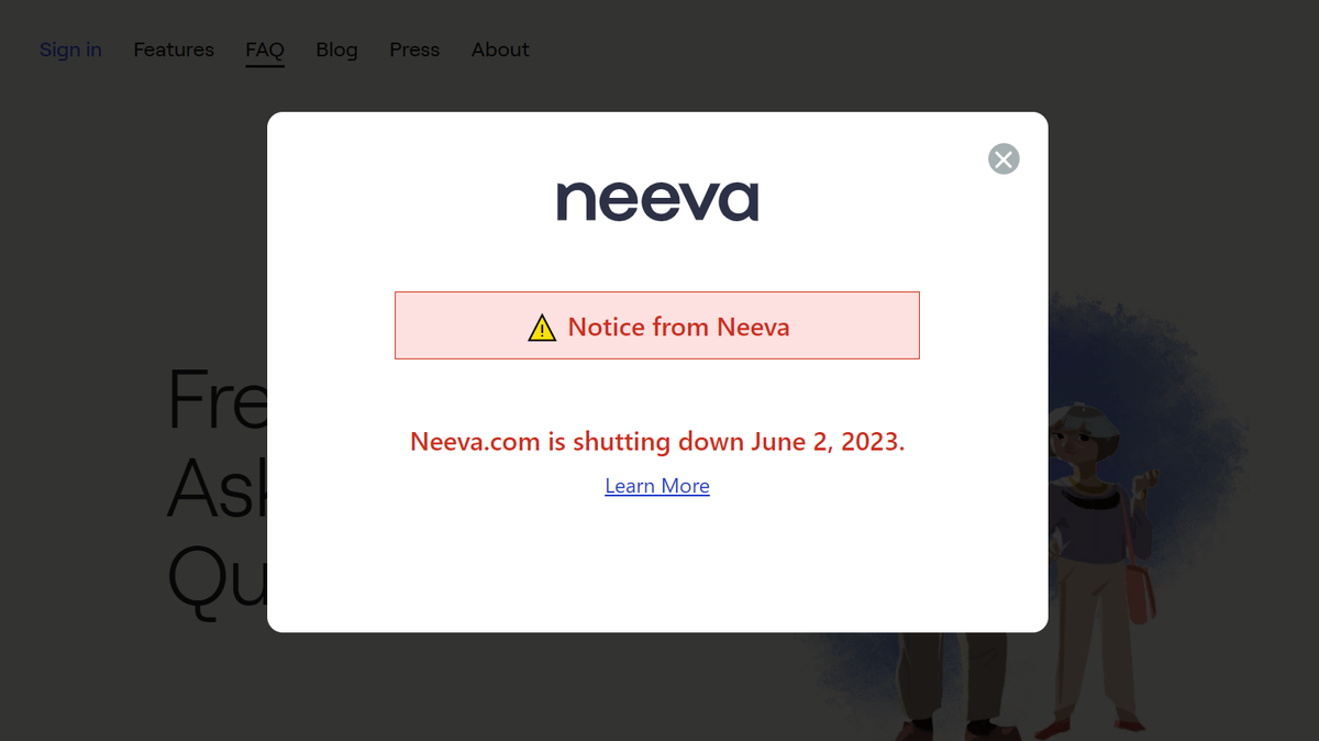 Screen alert on Neeva&#039;s website reading &#039;Neeva.com is shutting down June 2, 2023