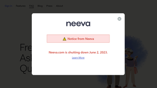 Screen alert on Neeva's website reading 'Neeva.com is shutting down June 2, 2023