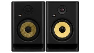 A pair of KRK Rokit RP7 G5 studio monitors