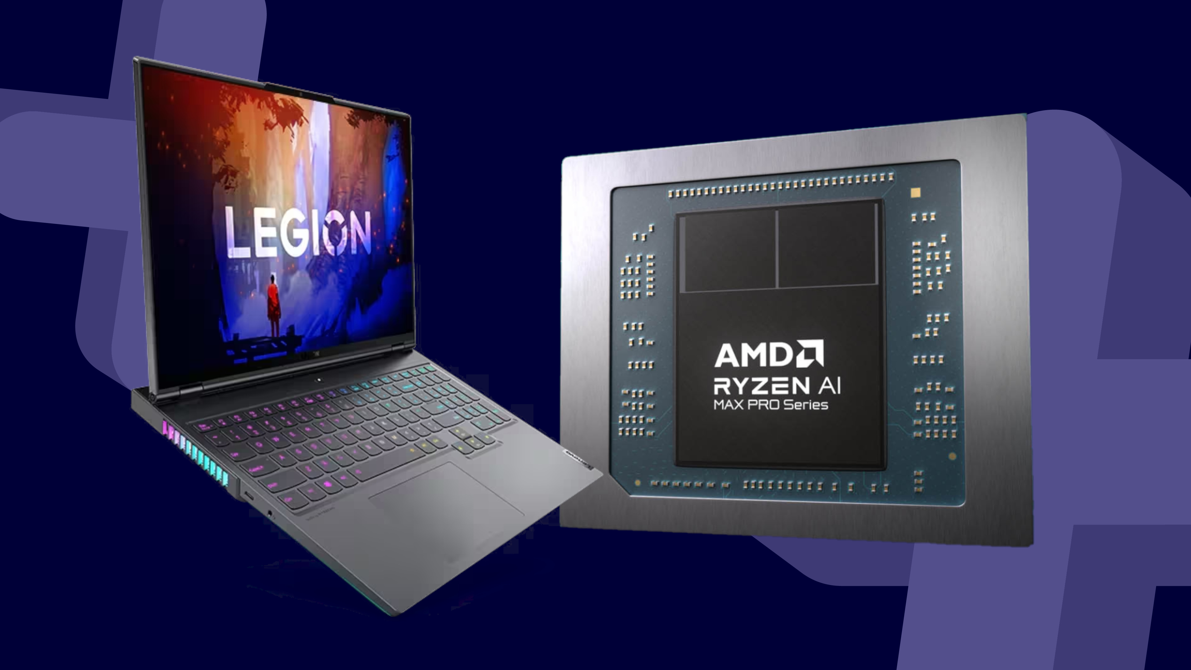 Lenovo Legion gaming laptop with AMD Strix Halo chip on a dark blue background
