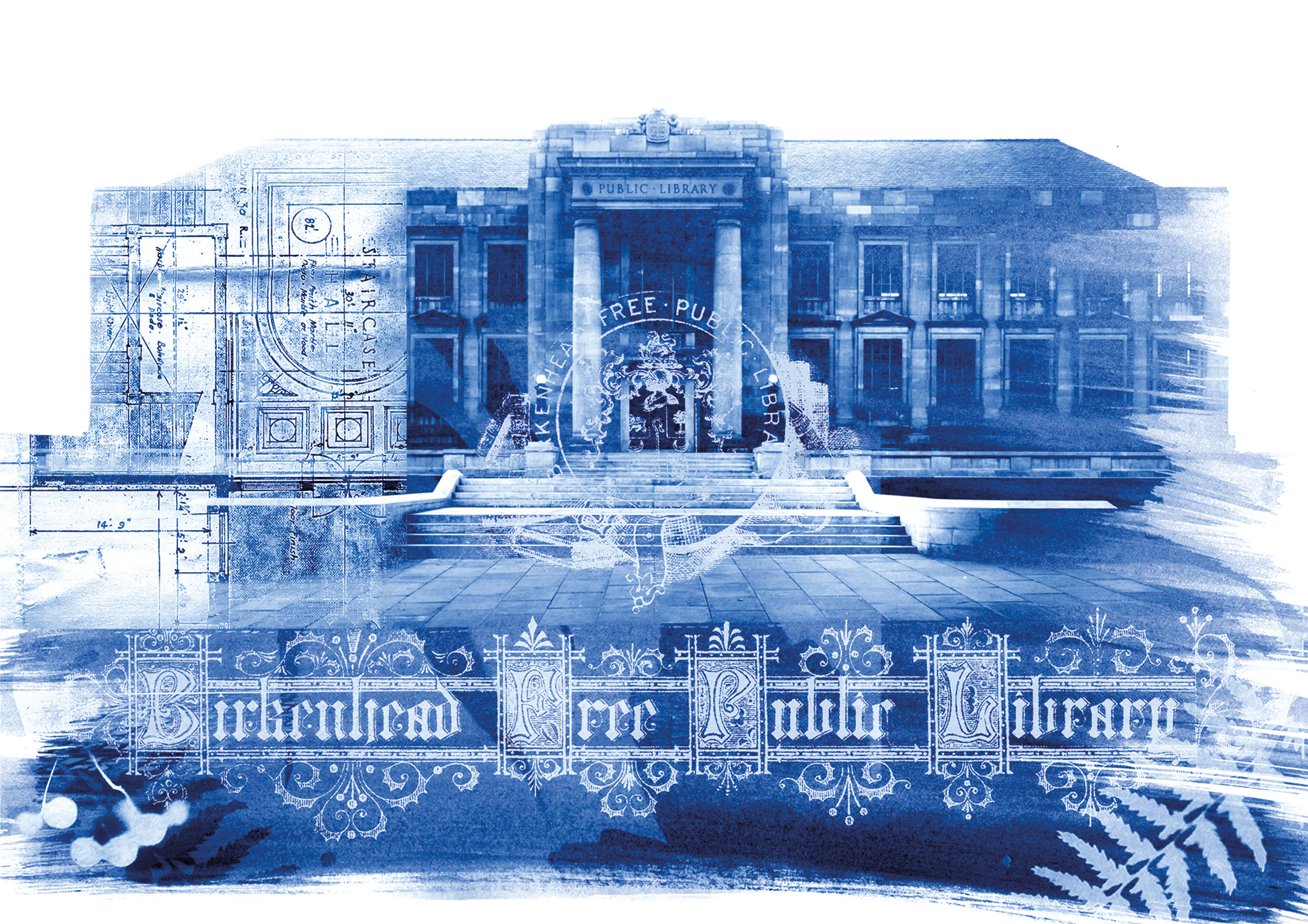 An artistic blue illustration of Birkenhead Free Public Library, featuring architectural sketches and ornate lettering