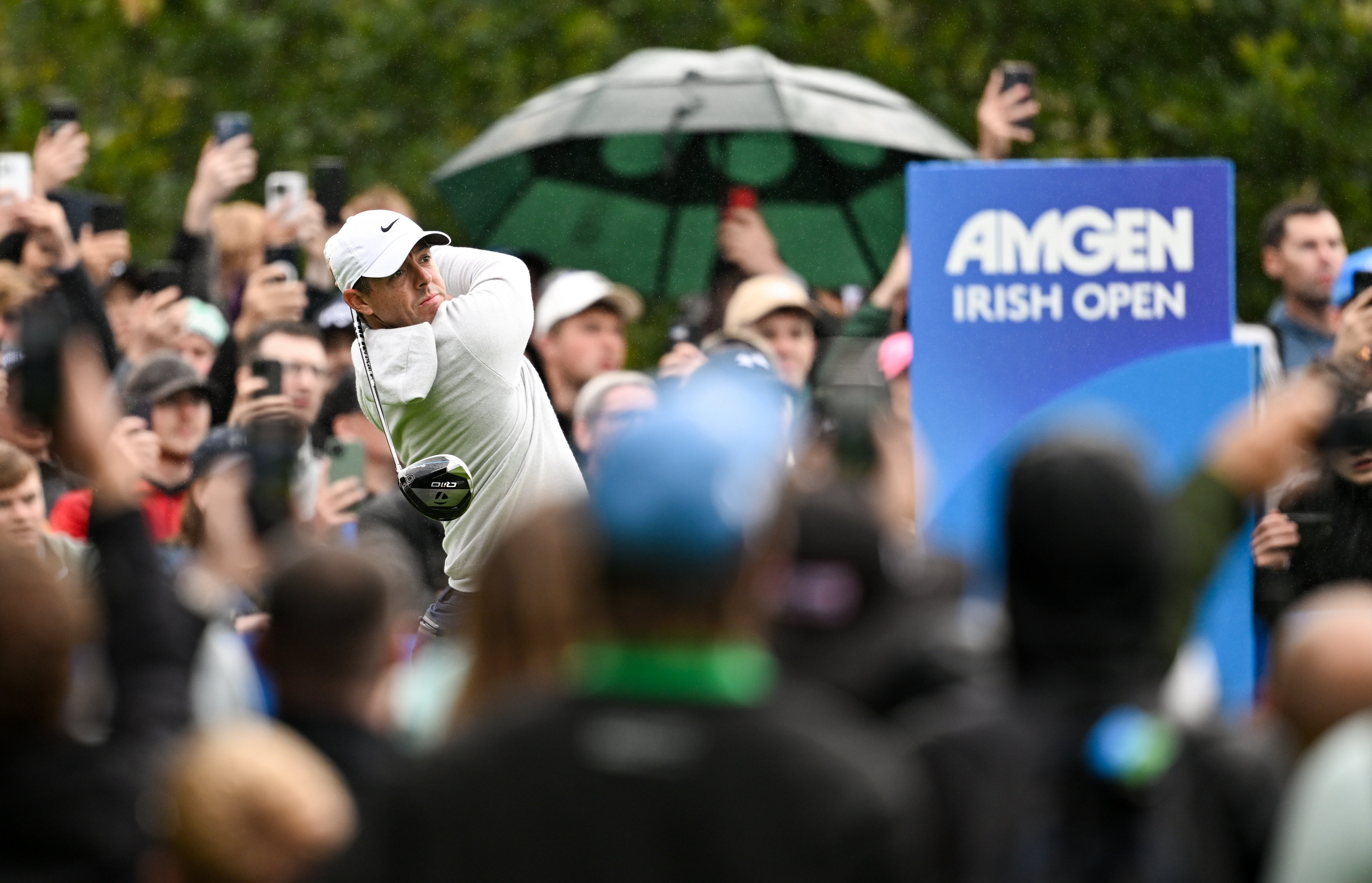 Rory McIlroy hits a driver off the tee at the Amgen Irish Open