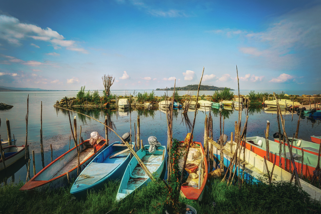 Lake Trasimeno and Polvese island, from the shores at San Feliciano