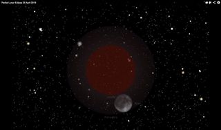 This still frame from an animated video simulates the darkest part of the partial lunar eclipse on April 25, 2013. The reddish circle shows the umbra; the lighter grayish circle shows the penumbra.