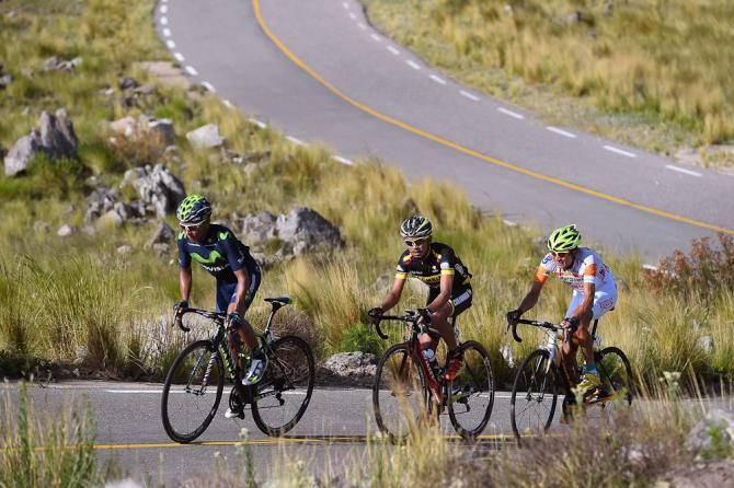 Nairo Quintana leads Rodolfo Torres and Alex Diniz.