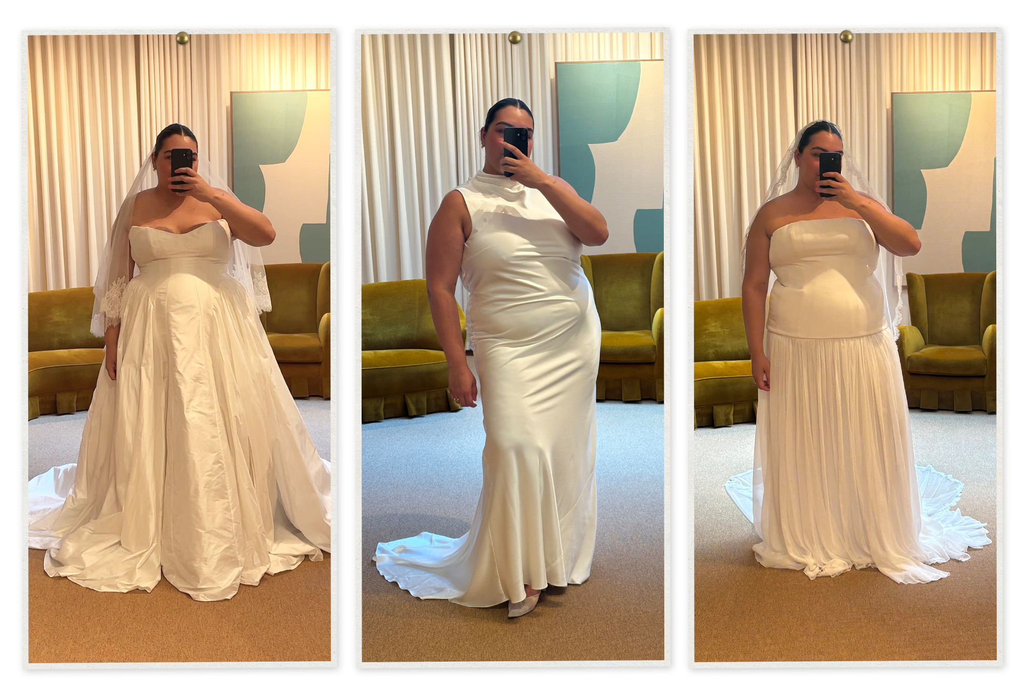 Editor Ana Escalante trying on plus-size wedding dresses.