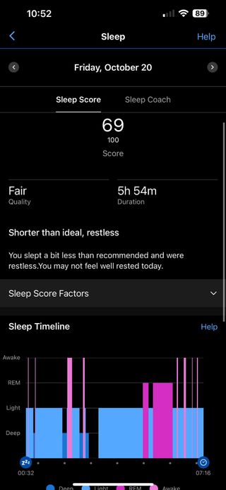 Garmin Vivoactive 5 app screen sleep analysis summary page