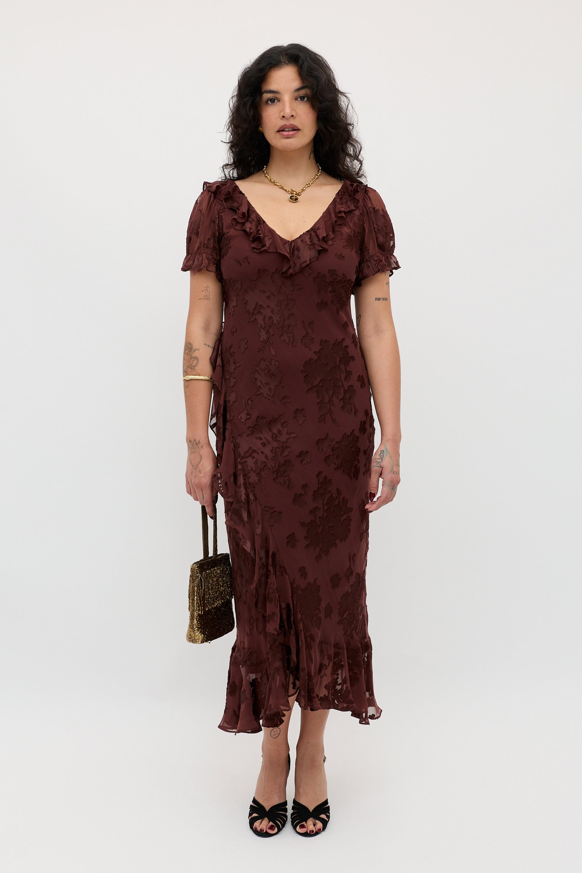 Clementina Silk-Satin Devor&amp;eacute; Midi Dress in Bouquet Devor&amp;eacute; Brown