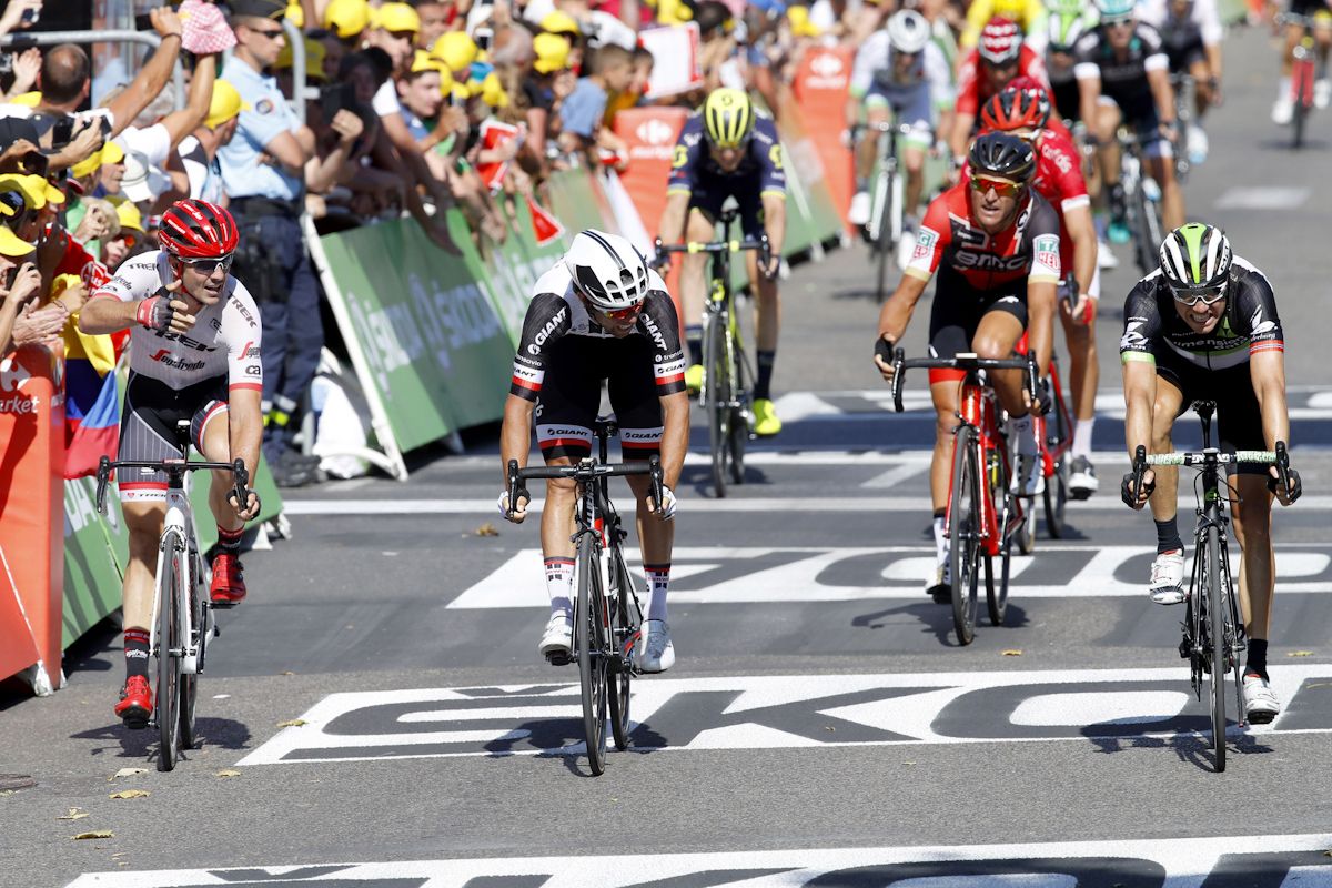John Degenkolb gestures at Michael Matthews at the finish of stage 16