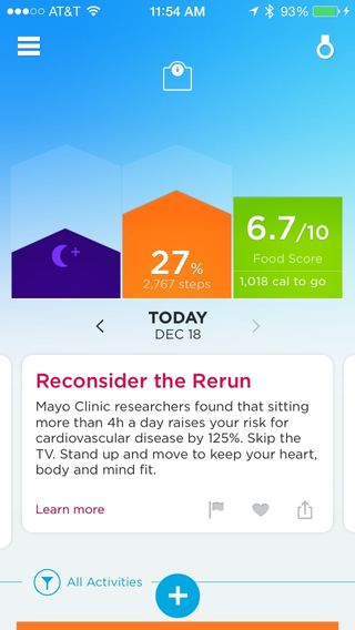 The UP Move application creates a bar graph of your sleep quality, steps taken and calories eaten. It also offers healthy tips throughout the day.