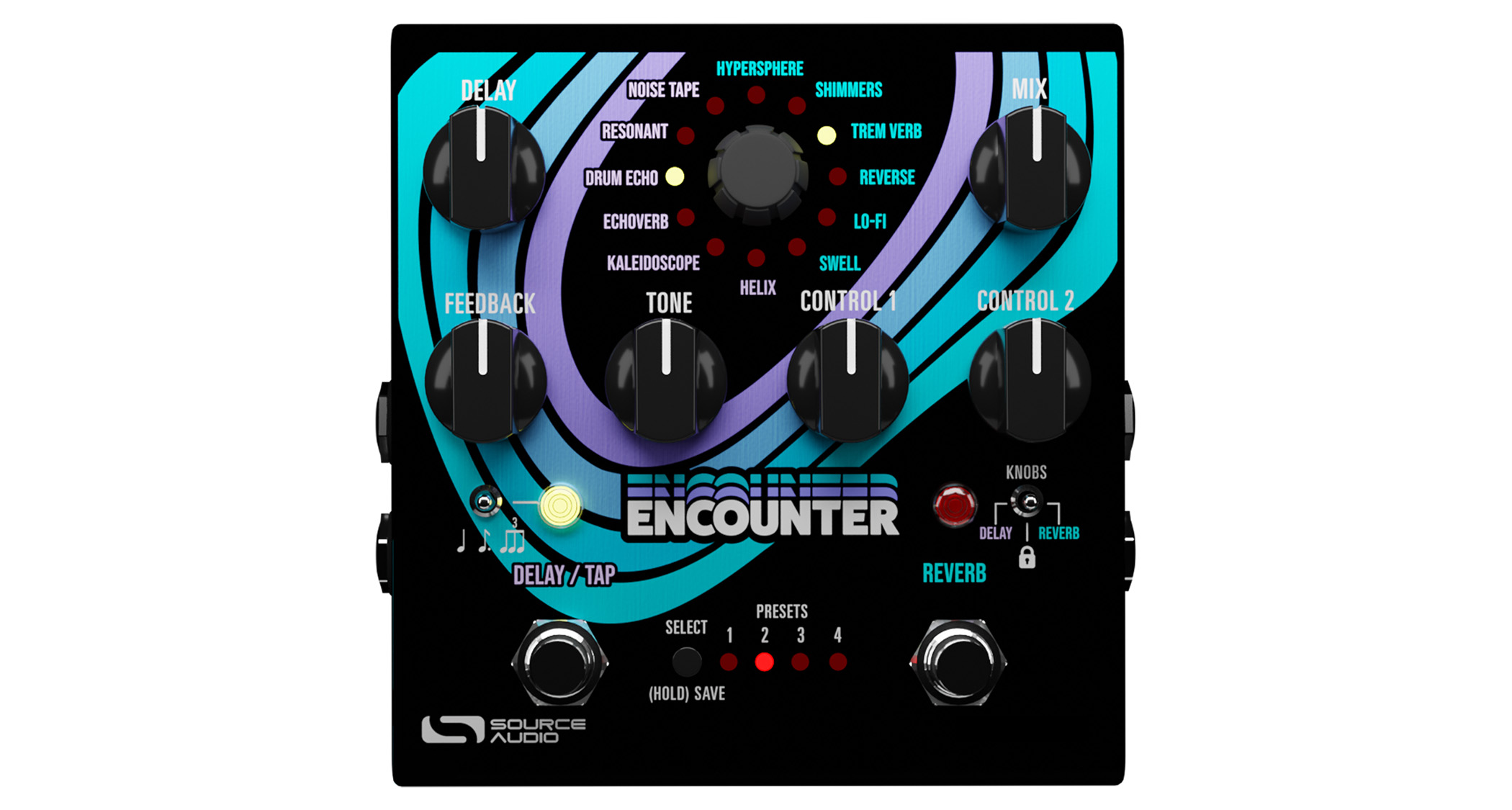 Source Audio dials up the ambience with the Encounter – six reverbs, six delays, one tricked-out pedal for “deeply immersive soundscapes” featuring MIDI I/O, full stereo operation, and a black enclosure with blue swirly graphic.
