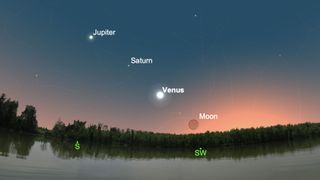 This sky map shows the view of Venus, Jupiter and Saturn just after sunset on Dec. 5, 2021, as seen from New York City.