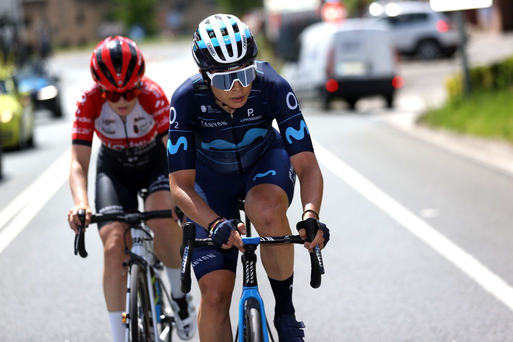 DURANGO SPAIN MAY 17 LR Isabel Martin Martin of Spain and Team Rio Miera Cantabria Deporte and Sheyla Gutierrez Ruiz of Spain and Movistar Team compete in the breakaway during the 21st Durango Durango Emakumeen Saria 2022 a 113km one day race from Durango to to Durango DurangoDurango22 on May 17 2022 in Durango Spain Photo by Gonzalo Arroyo MorenoGetty Images