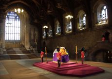 The coffin of Her Majesty The Queen will lie in state at Westminster Hall in central London, just as did that of Queen Mother in 2002, pictured here. (Photo by David New/Mirrorpix/Getty Images)