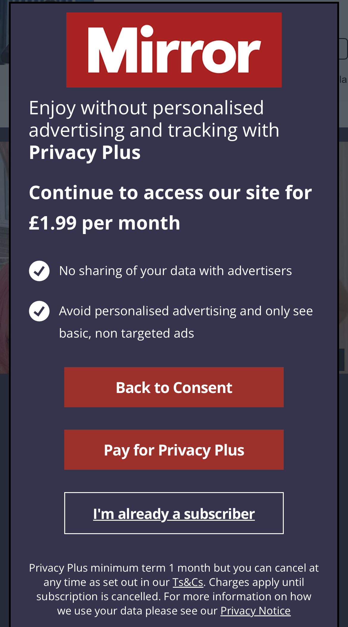 Screenshot of privacy paywall on The Mirror website, as of August 16, 2024.