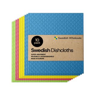 A set of multi-colored cleaning cloths