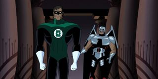 Green Lantern Hal Jordan appears next to a stunned Warhawk.
