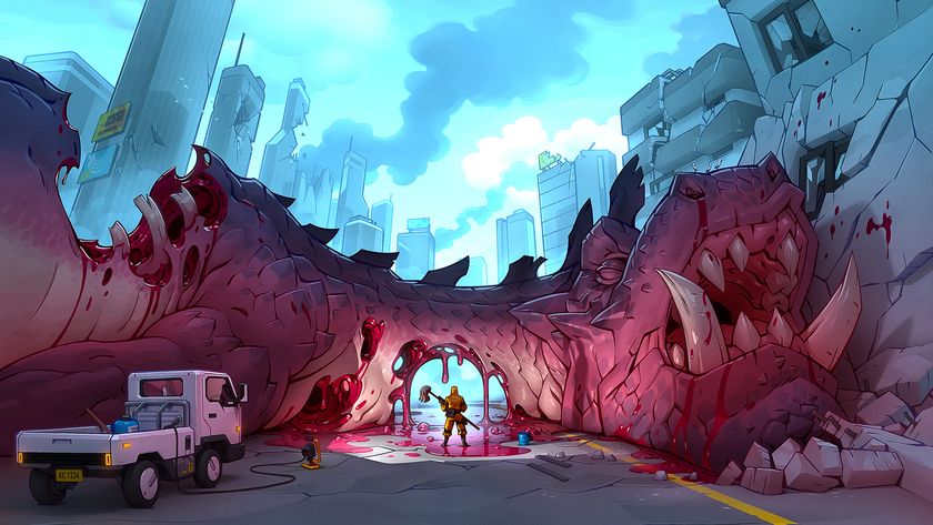 a cleaner stood under the partially hollowed out body of a huge monster