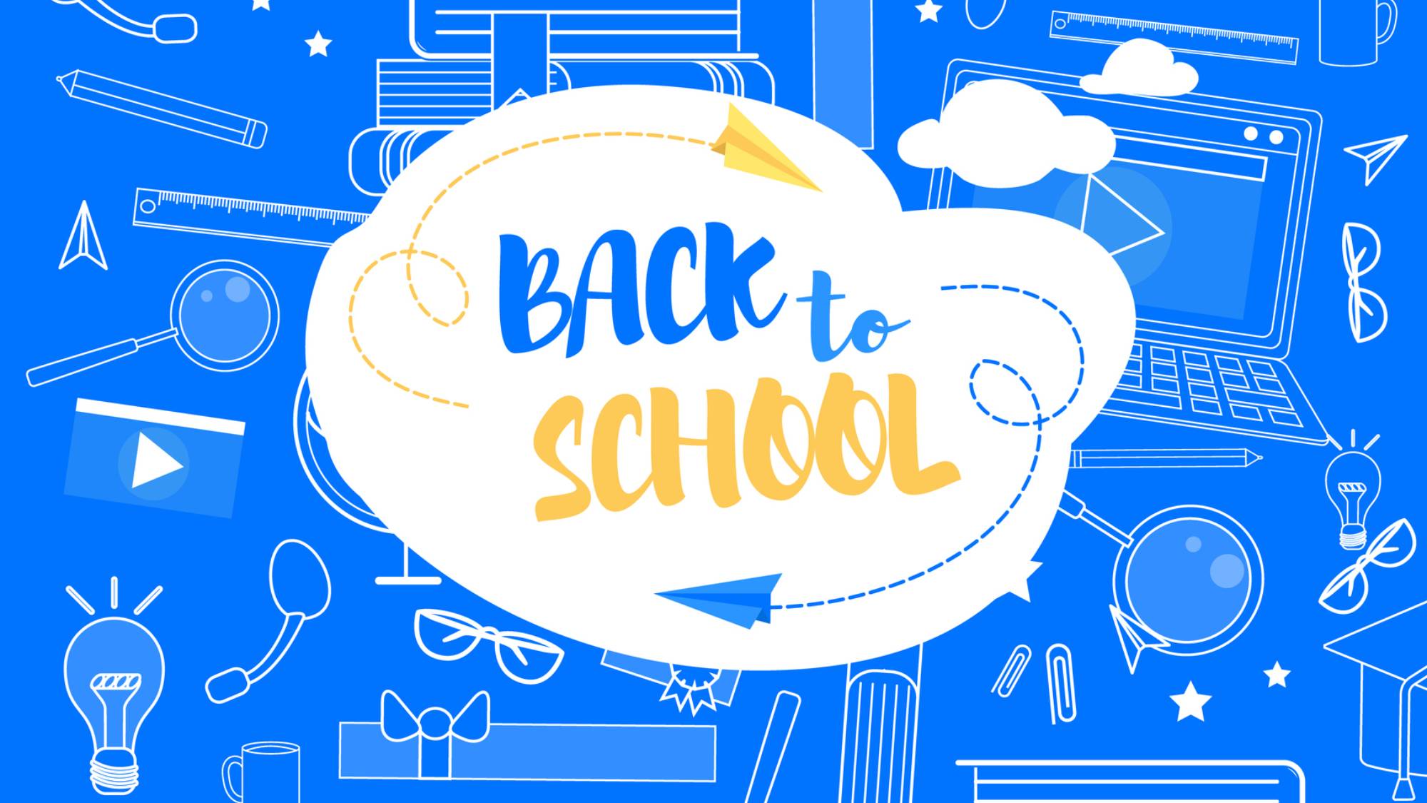 back to school sales clip art against a blue background