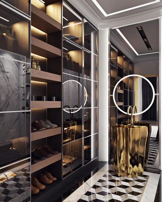 walk in closet/wardrobe with 3D tiles in the middle, glass fronted doors, gold sink and full length mirror