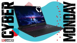 A Lenovo Legion Pro 7i gaming laptop on a Cyber Monday background
