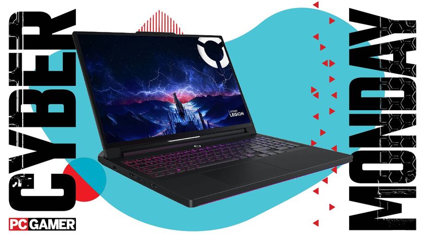 A Lenovo Legion Pro 7i gaming laptop on a Cyber Monday background