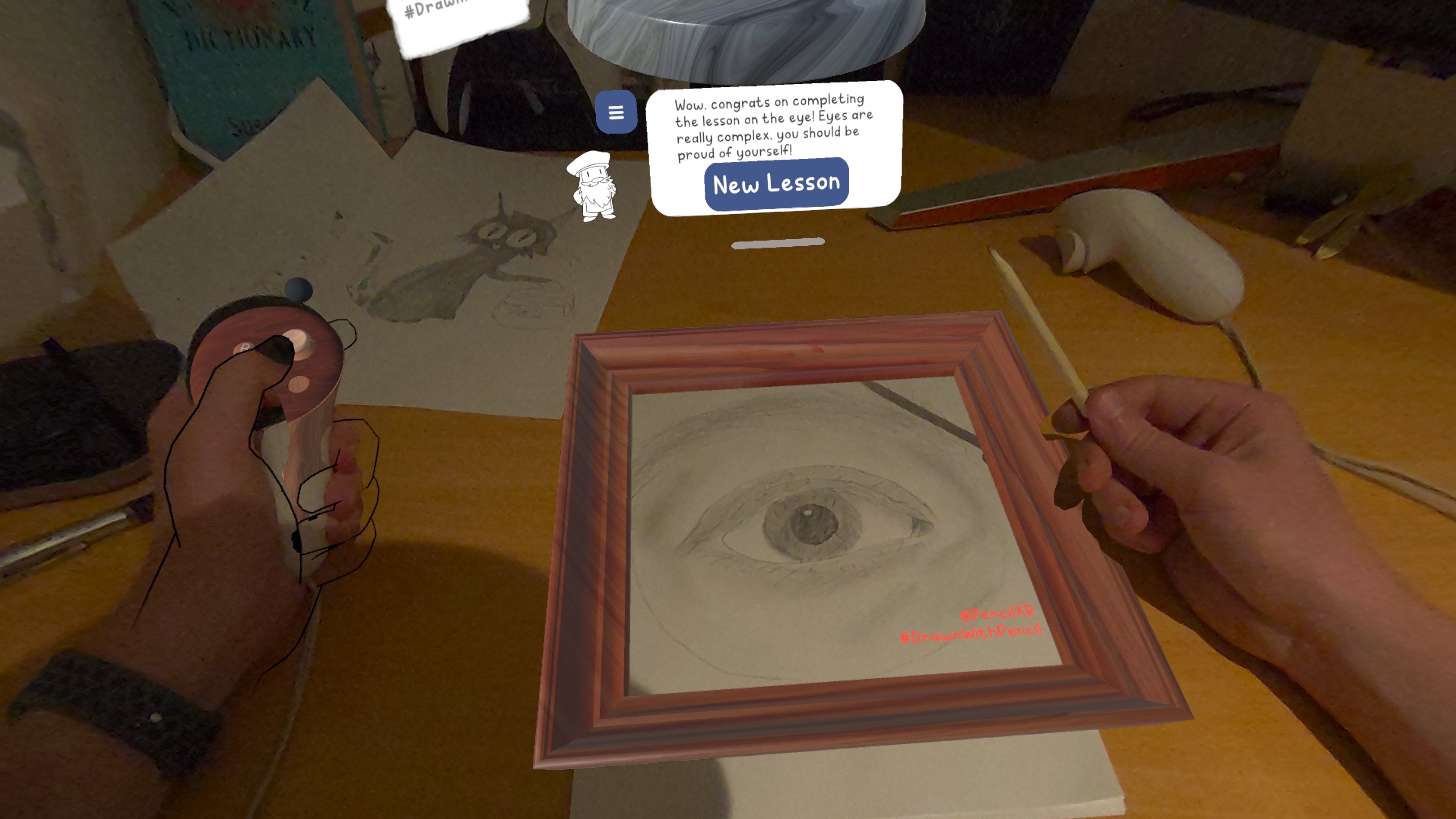 برنامه Meta Quest Paint VR دارای یک قلم و نشان دادن نقاشی چشم روی کاغذ است