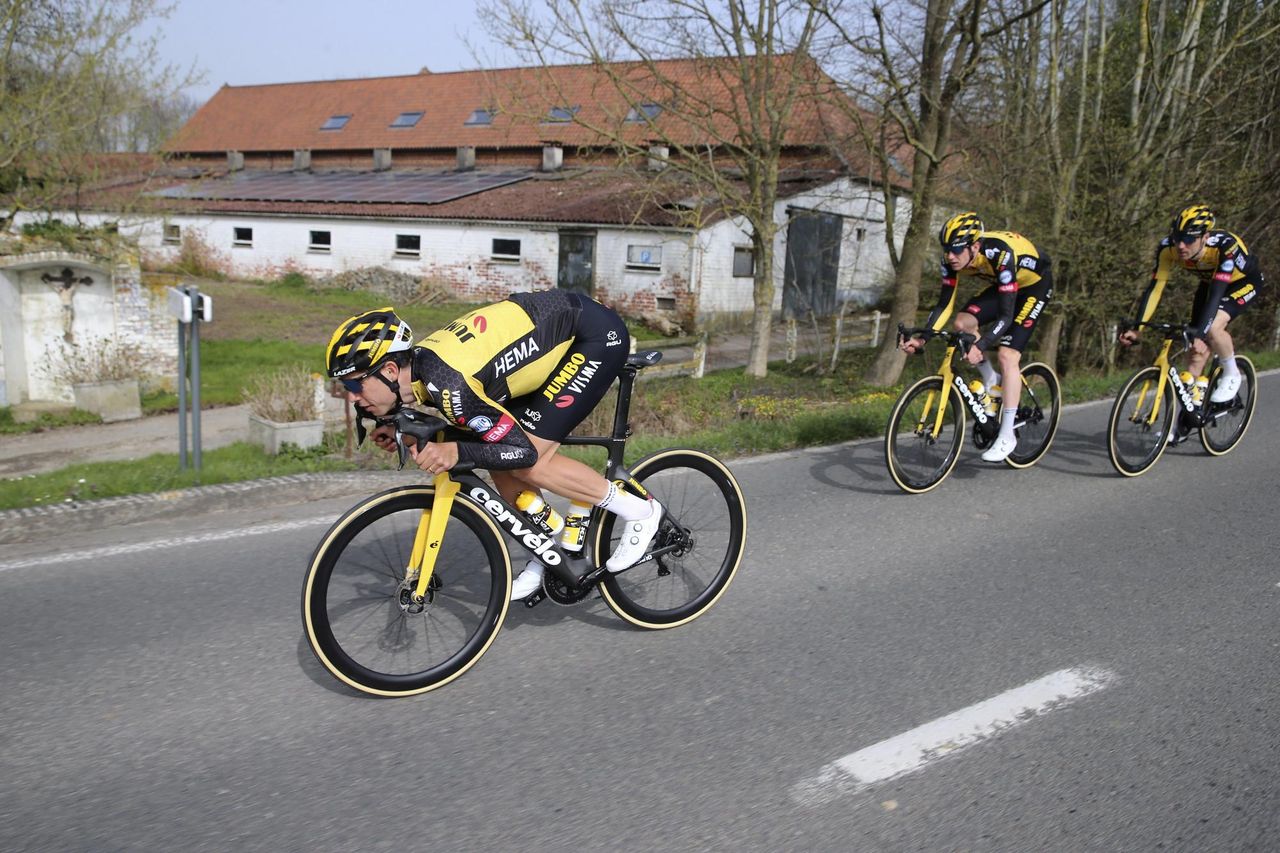 Tour de Flanders 2021 Ronde Van Vlaanderen 2021 Recon at the parcours 01042021 Wout Van Aert BEL Jumbo Visma Timo Roosen NED Jumbo Visma Nathan Van Hooydonck NED Jumbo Visma Nathan Van Hooydonck Germany Team JumboVisma photo Jan De MeuleneirPNBettiniPhoto2021