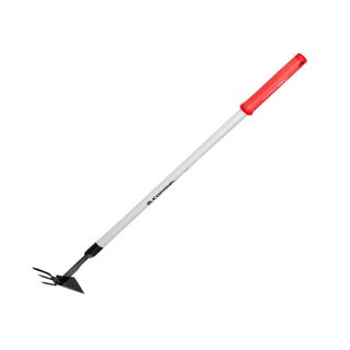 A metal hoe with a black end and an orange rubber handle