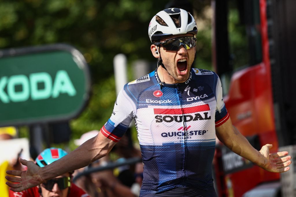 Soudal QuickSteps Danish rider Kasper Asgreen cycles to the finish line to win the 18th stage of the 110th edition of the Tour de France cycling race 184 km between Moutiers and BourgenBresse in the French Alps on July 20 2023 Photo by AnneChristine POUJOULAT AFP Photo by ANNECHRISTINE POUJOULATAFP via Getty Images