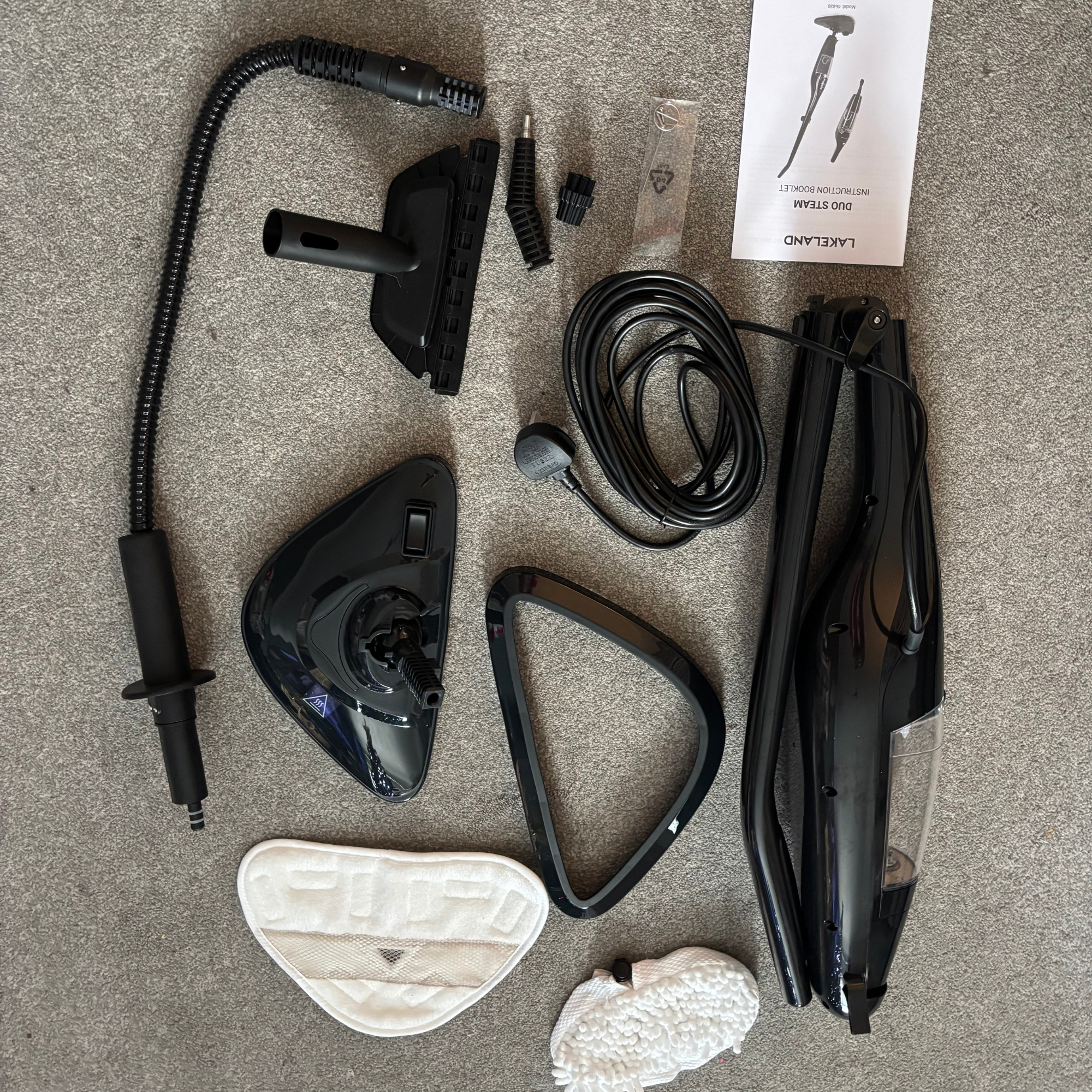 flatlay of Lakeland 2-in-1 Steam Mop parts