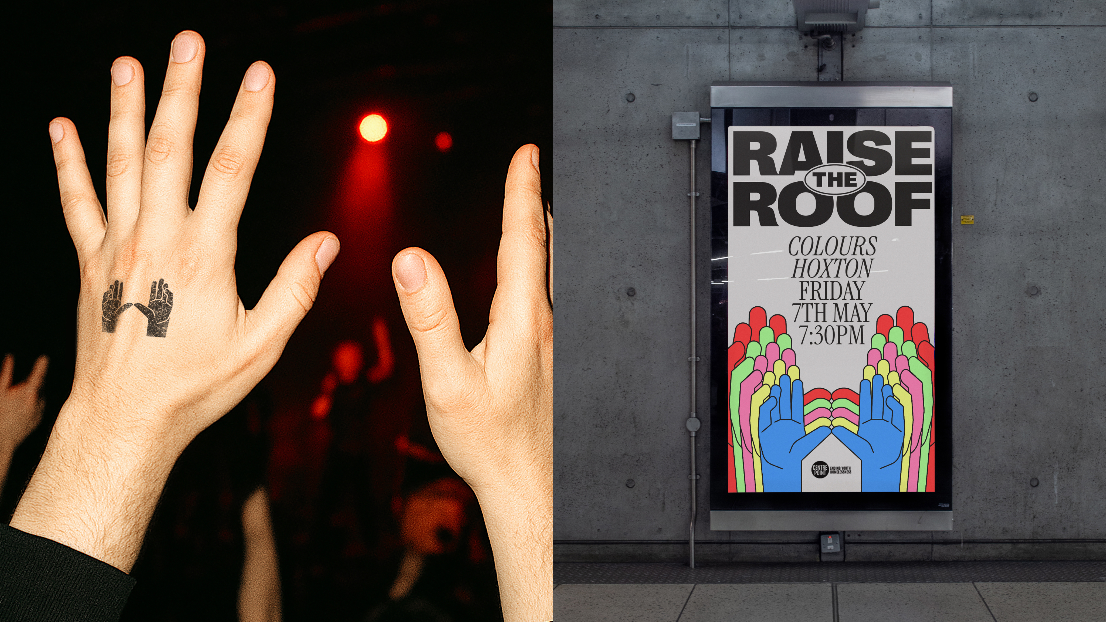 Raise the Roof poster and someone with a stamp on their hand